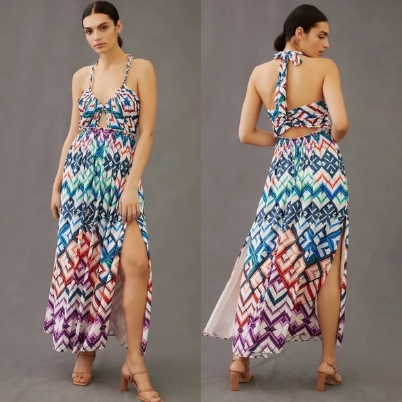 NWT Anthropologie Halter Dress Maxi 8 $248 Cut Out White Blue Side Slit HTF - Picture 1 of 13